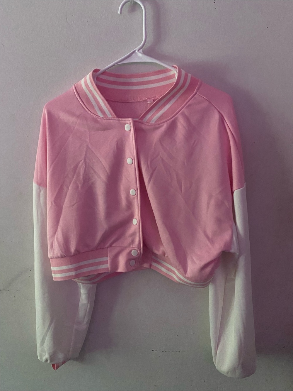 SHEIN Pink and White Cropped Varsity Bomber Jacket